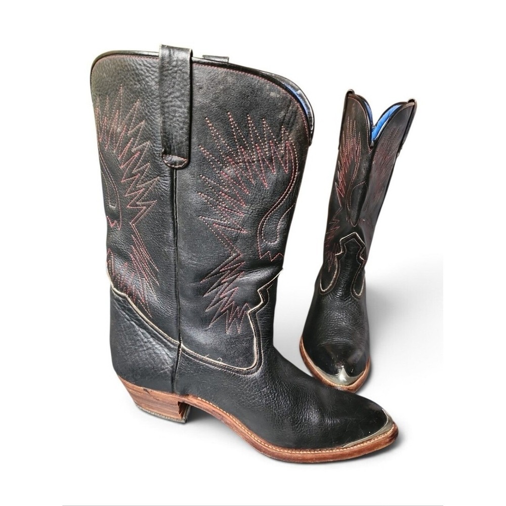 Vintage Western Genuine Leather Cowboy Boots Silver Toe Caps Men 9.5 Rancher